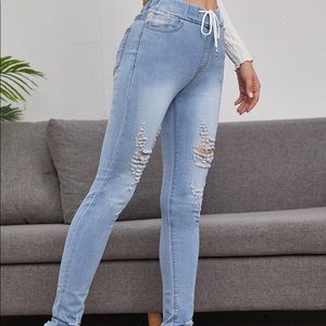 Drawstring Waist Ripped Jeans